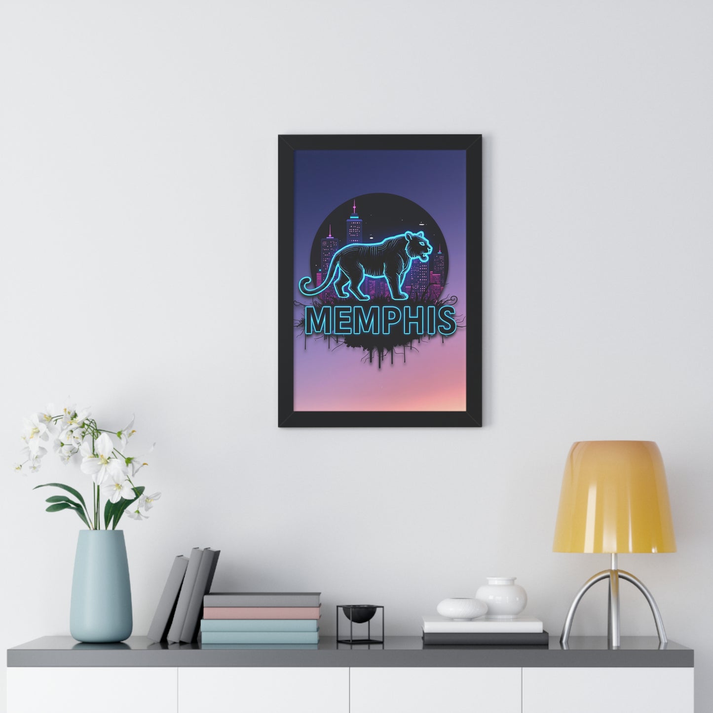 Vertical Framed Poster - Neon Tiger Memphis Sunset Gradient Wall Art Option 2