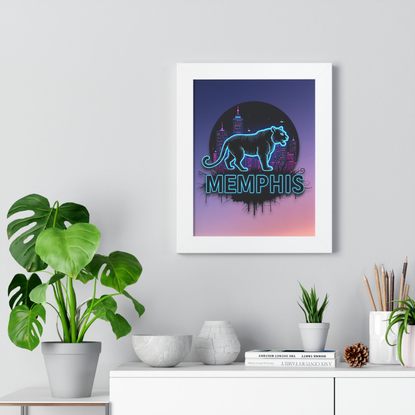 Vertical Framed Poster - Neon Tiger Memphis Sunset Gradient Wall Art Option 2