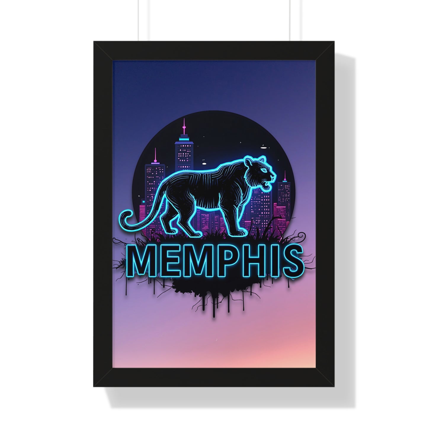 Vertical Framed Poster - Neon Tiger Memphis Sunset Gradient Wall Art Option 2