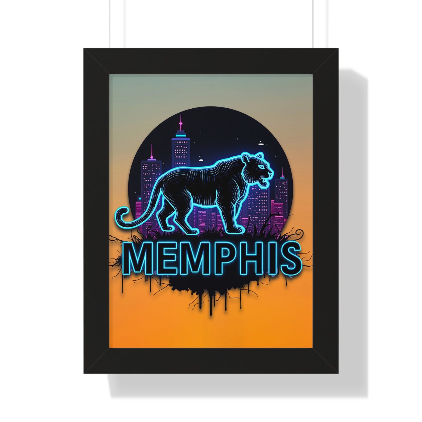 Vertical Framed Poster - Neon Tiger Memphis Sunset Gradient Wall Art