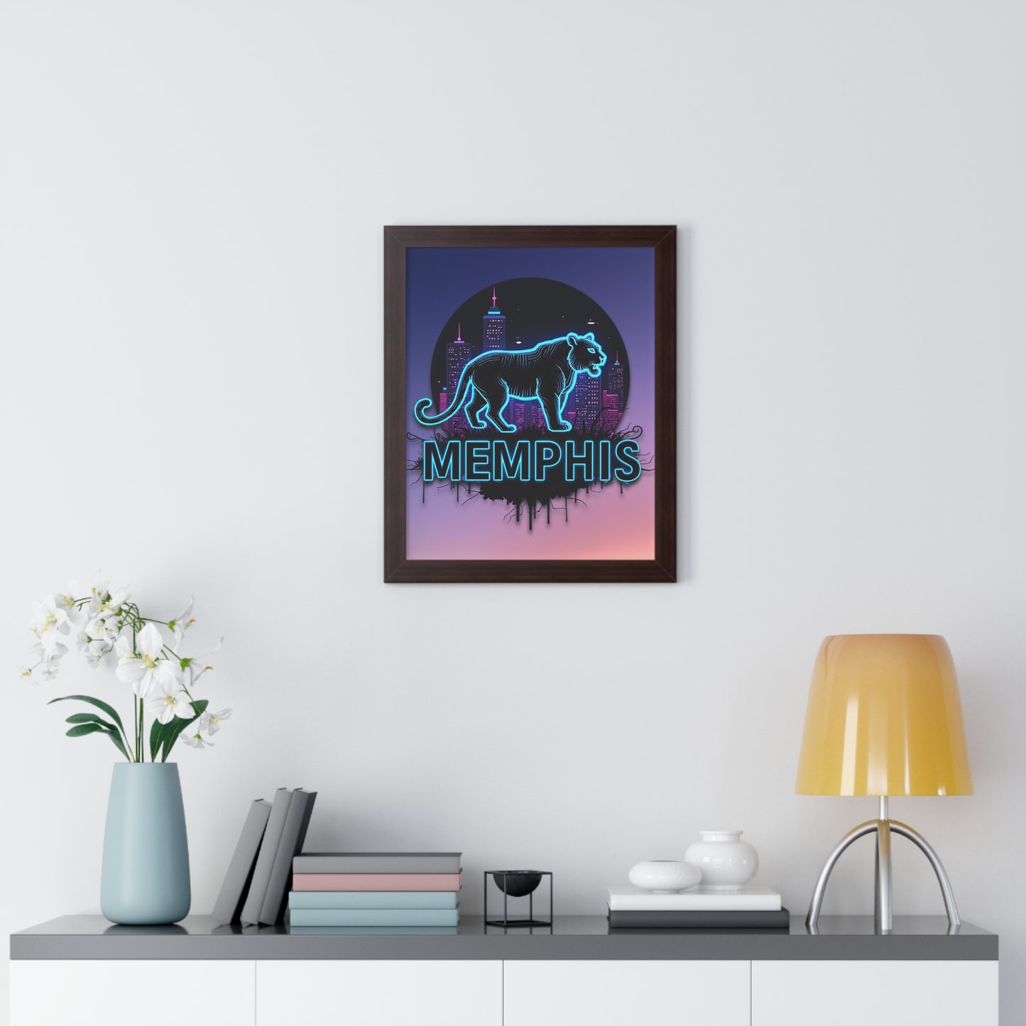 Vertical Framed Poster - Neon Tiger Memphis Sunset Gradient Wall Art Option 2