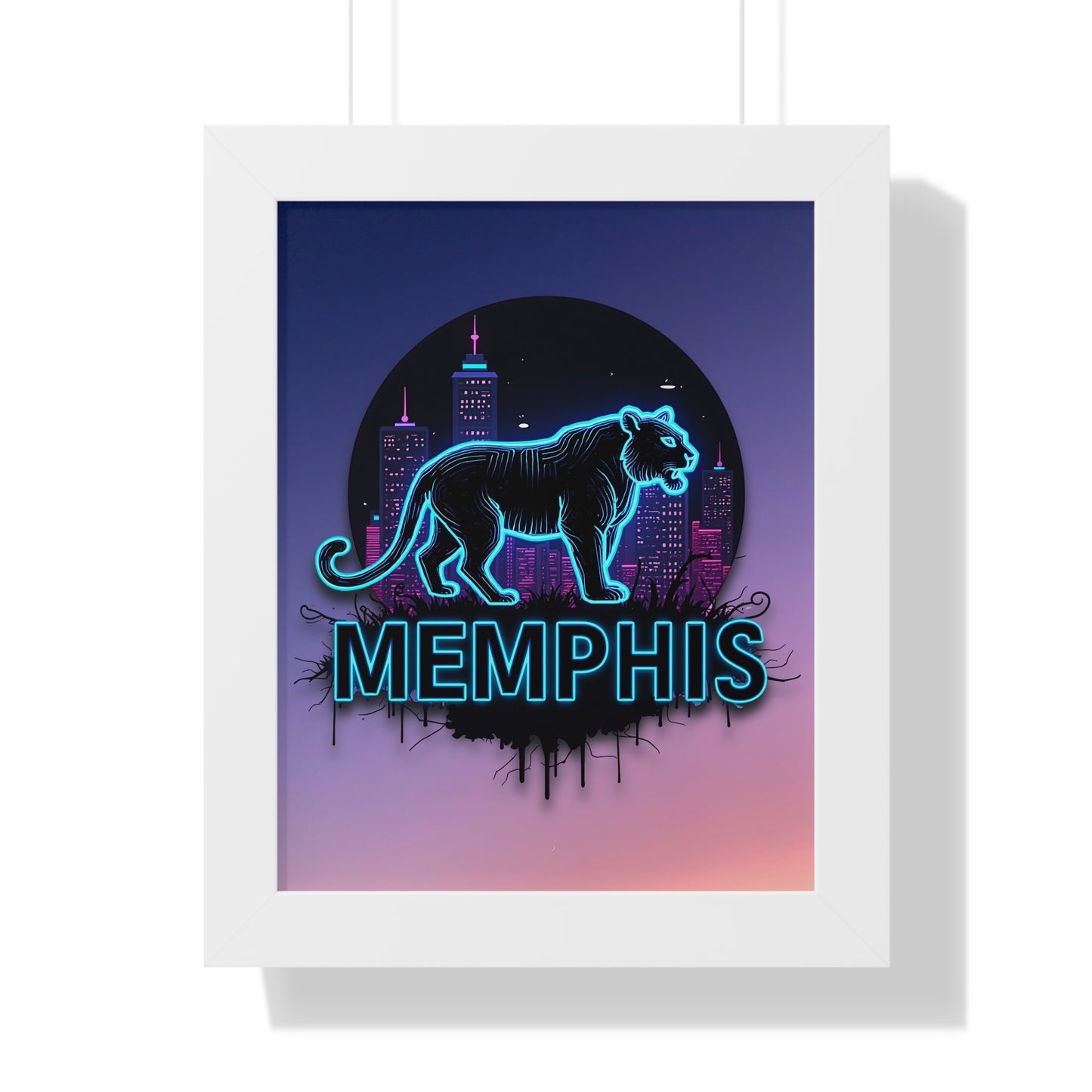 Vertical Framed Poster - Neon Tiger Memphis Sunset Gradient Wall Art Option 2