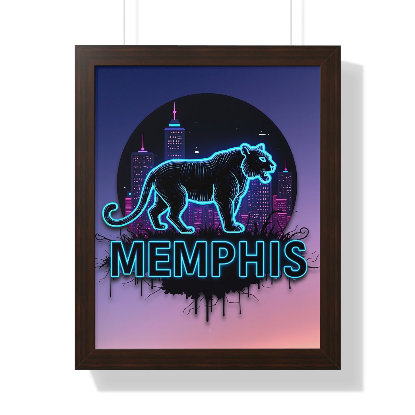 Vertical Framed Poster - Neon Tiger Memphis Sunset Gradient Wall Art Option 2