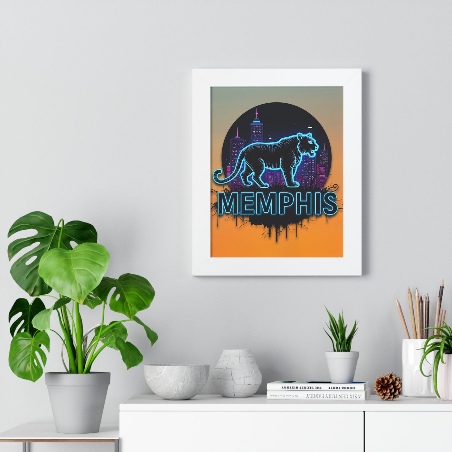 Vertical Framed Poster - Neon Tiger Memphis Sunset Gradient Wall Art