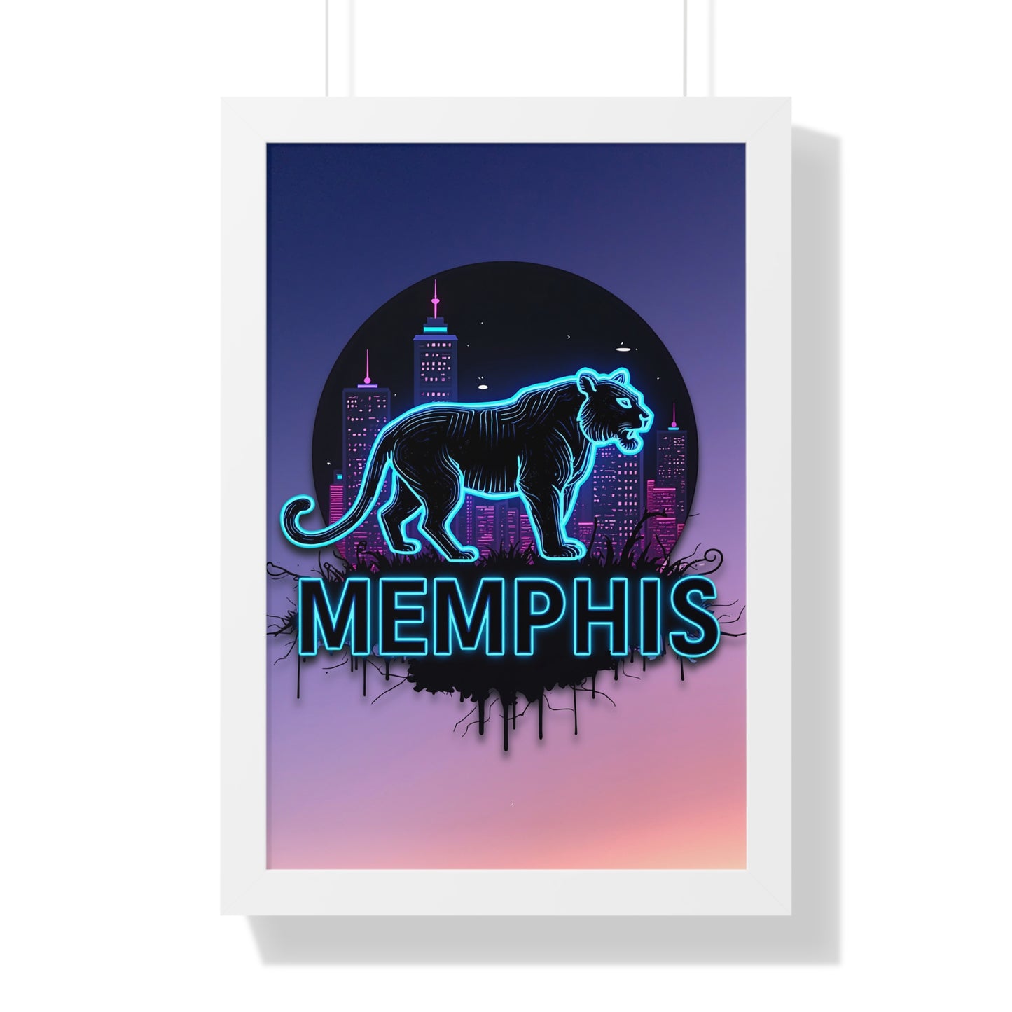 Vertical Framed Poster - Neon Tiger Memphis Sunset Gradient Wall Art Option 2