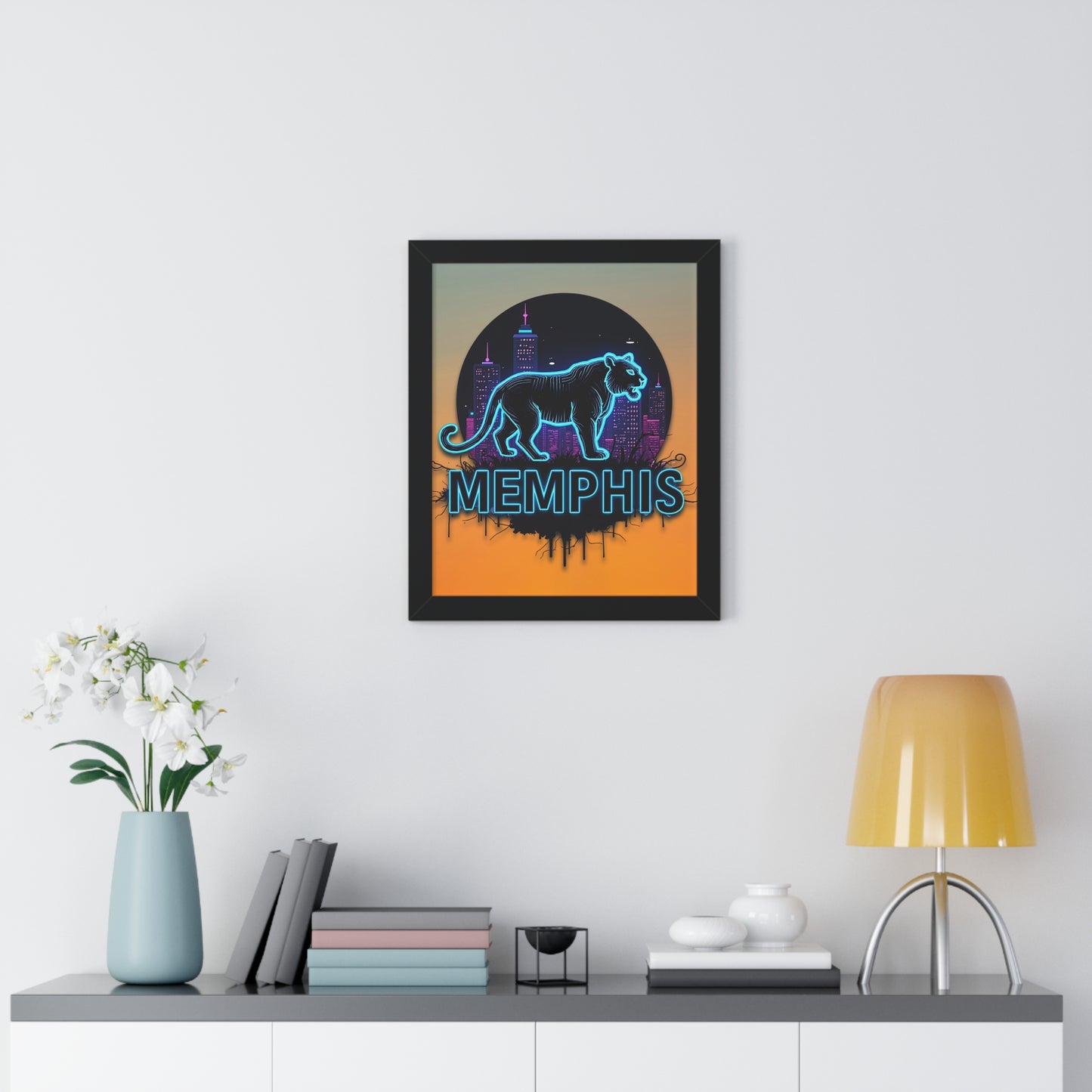 Vertical Framed Poster - Neon Tiger Memphis Sunset Gradient Wall Art