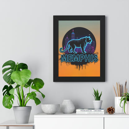 Vertical Framed Poster - Neon Tiger Memphis Sunset Gradient Wall Art