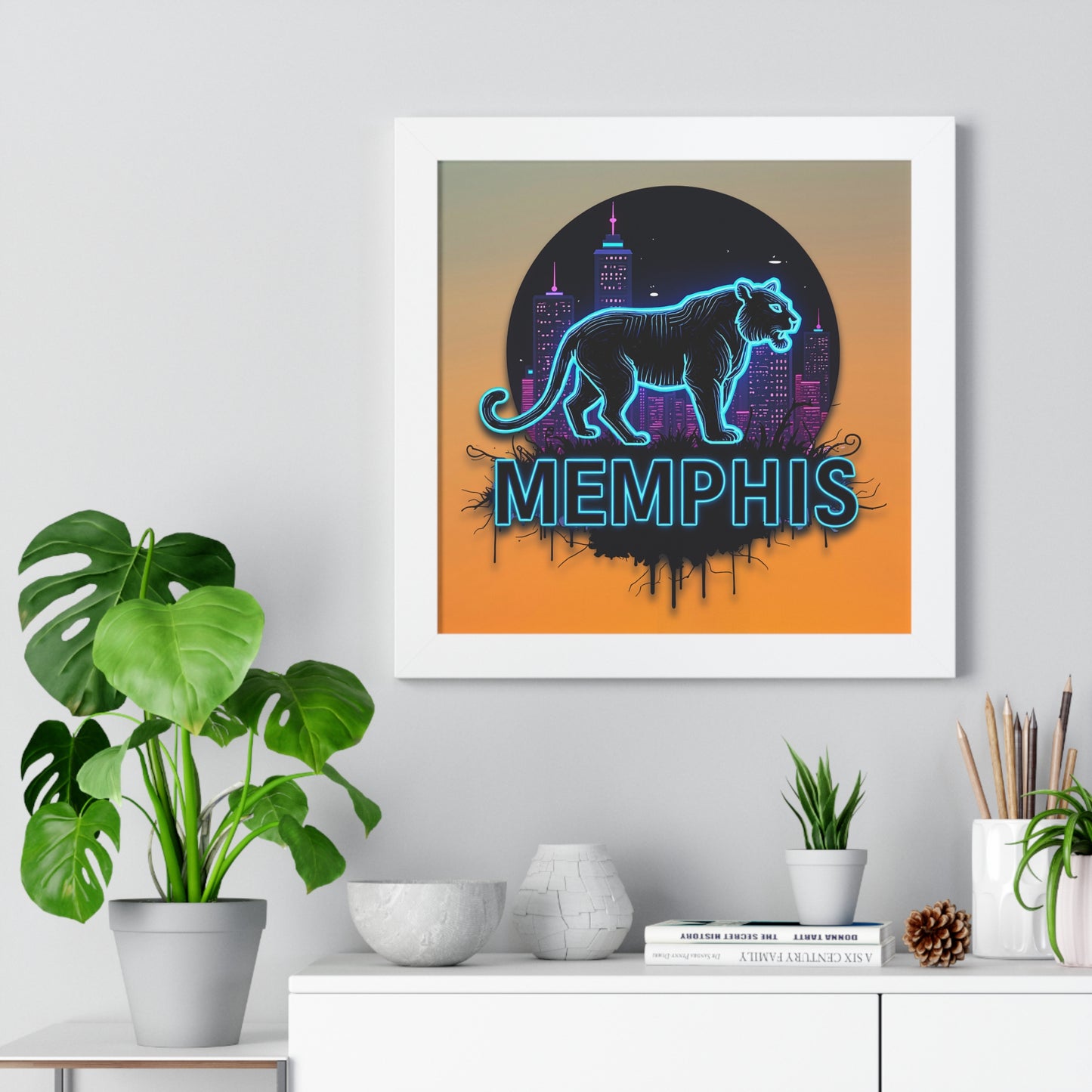 Vertical Framed Poster - Neon Tiger Memphis Sunset Gradient Wall Art