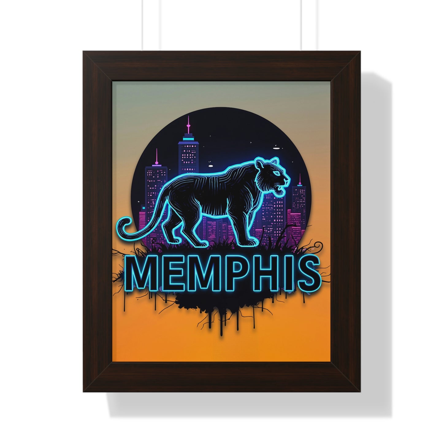 Vertical Framed Poster - Neon Tiger Memphis Sunset Gradient Wall Art