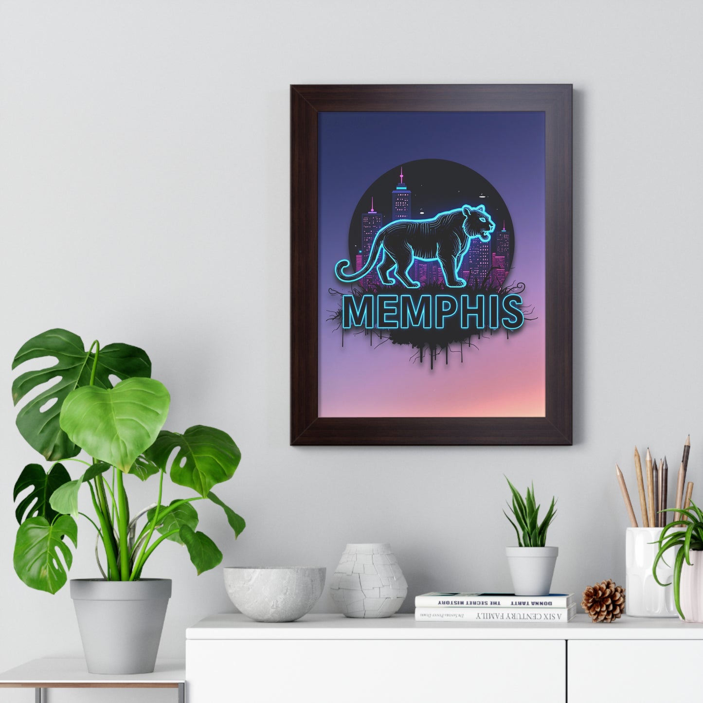 Vertical Framed Poster - Neon Tiger Memphis Sunset Gradient Wall Art Option 2