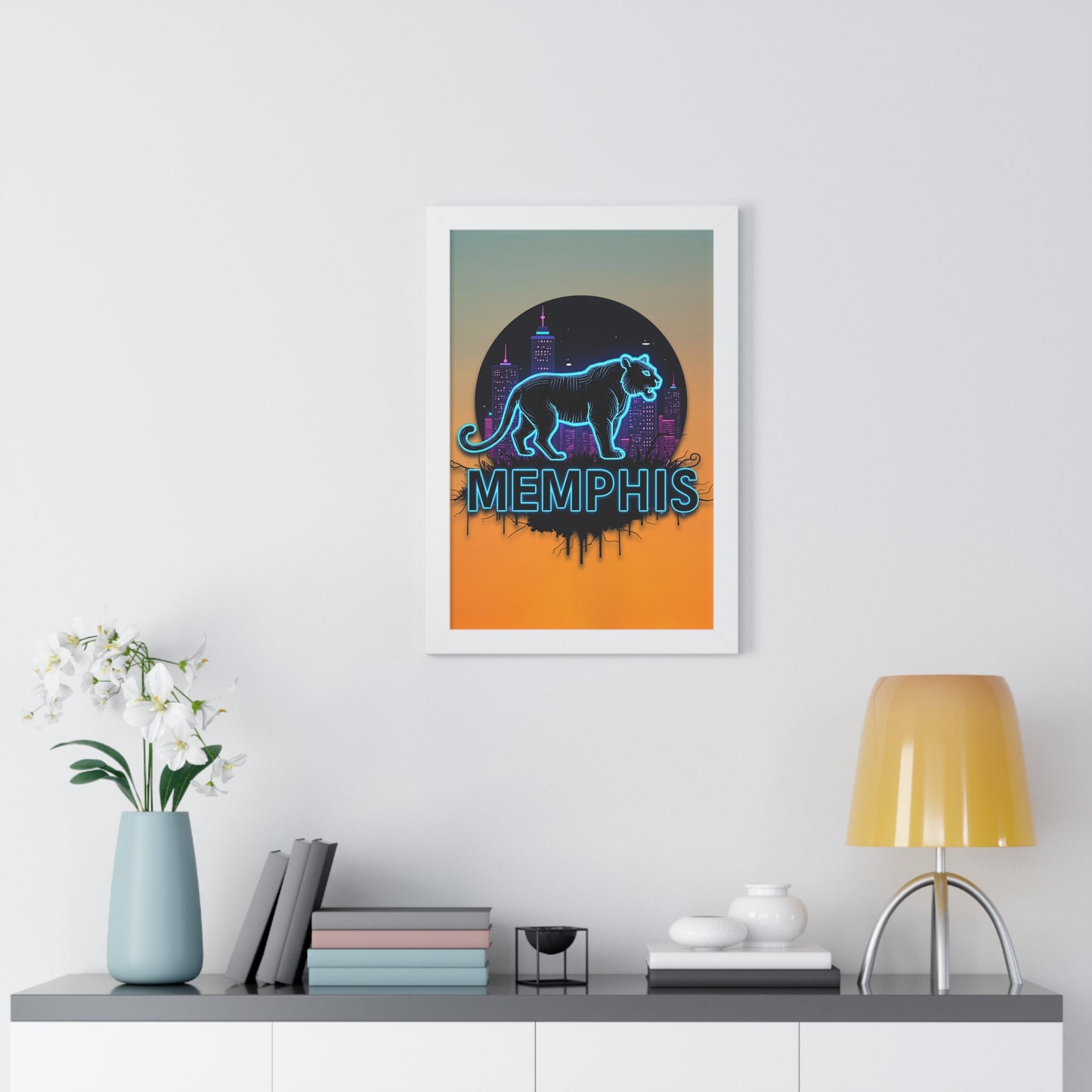 Vertical Framed Poster - Neon Tiger Memphis Sunset Gradient Wall Art