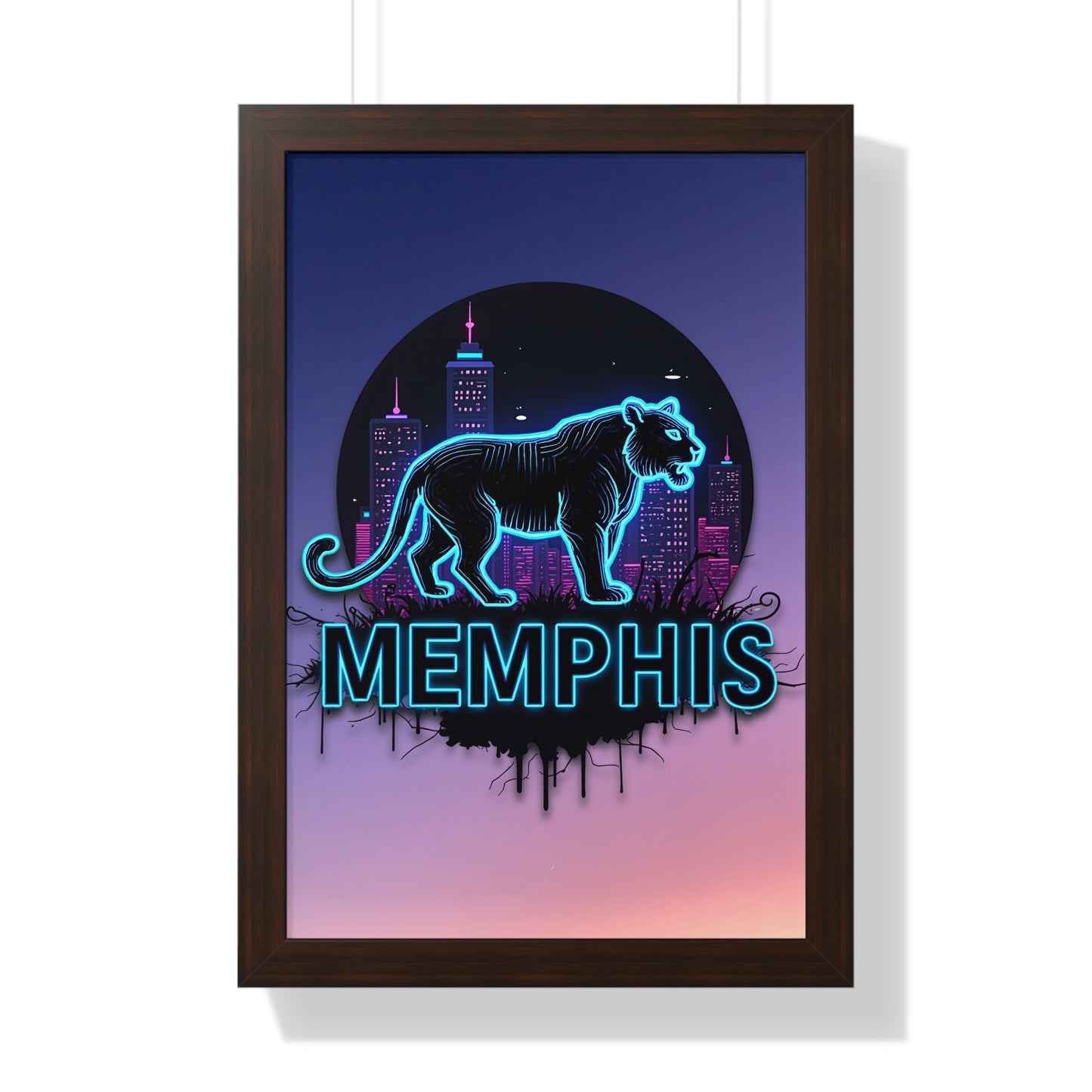 Vertical Framed Poster - Neon Tiger Memphis Sunset Gradient Wall Art Option 2