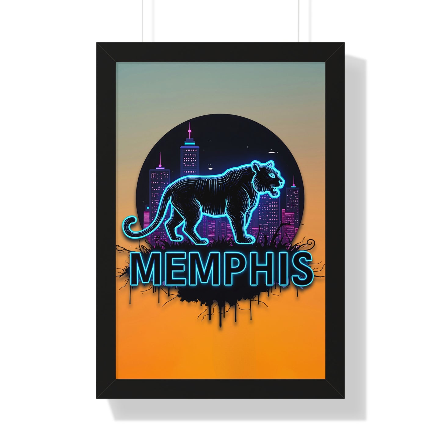 Vertical Framed Poster - Neon Tiger Memphis Sunset Gradient Wall Art