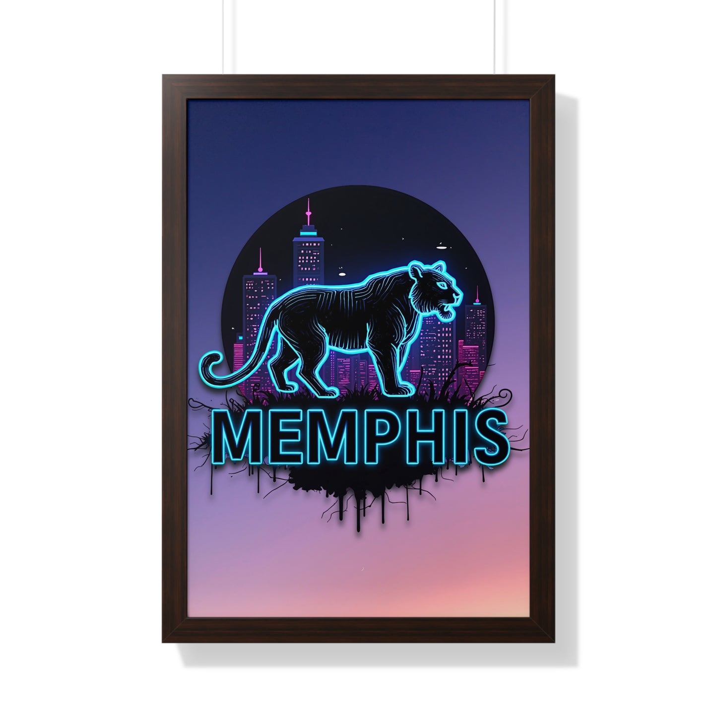 Vertical Framed Poster - Neon Tiger Memphis Sunset Gradient Wall Art Option 2