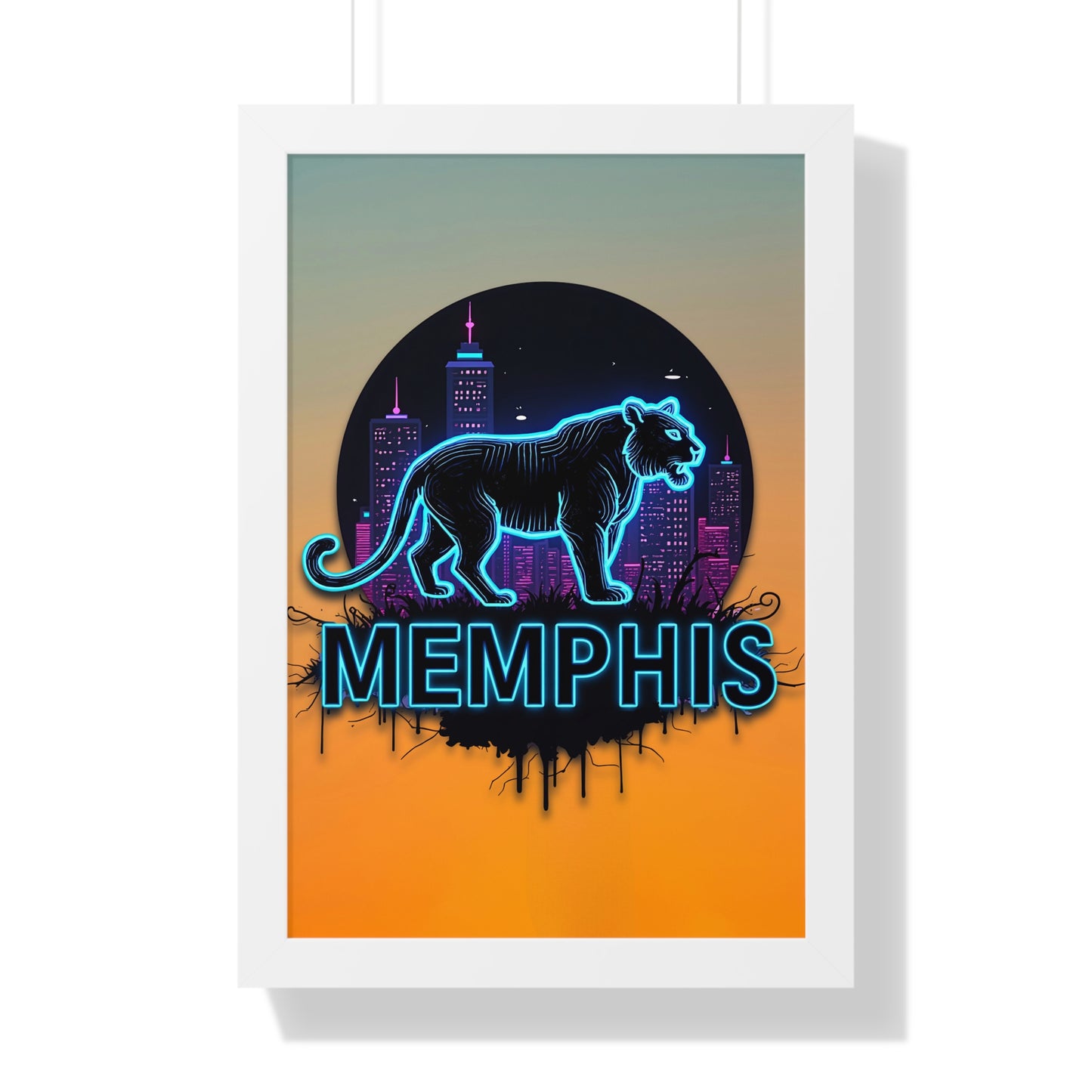 Vertical Framed Poster - Neon Tiger Memphis Sunset Gradient Wall Art