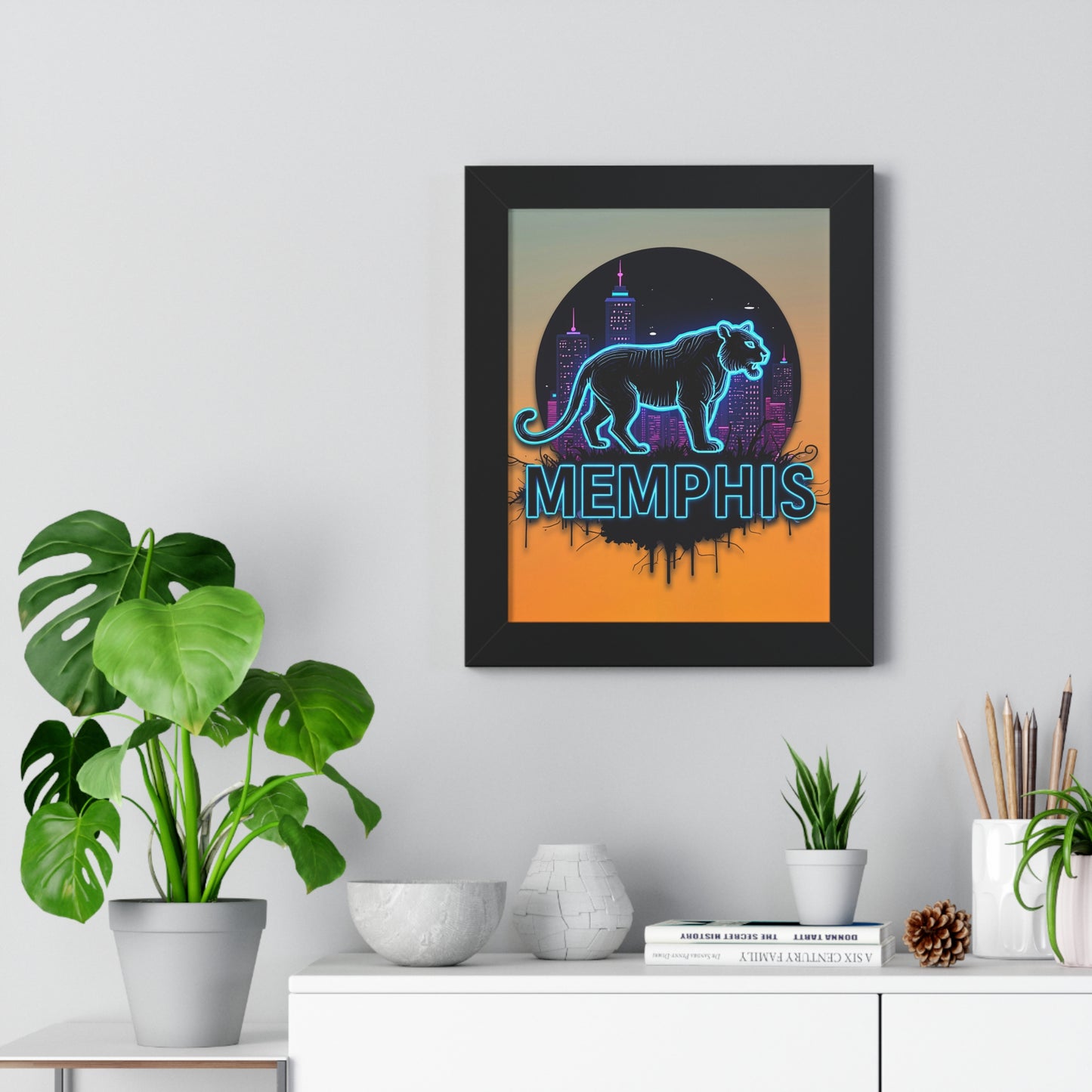 Vertical Framed Poster - Neon Tiger Memphis Sunset Gradient Wall Art