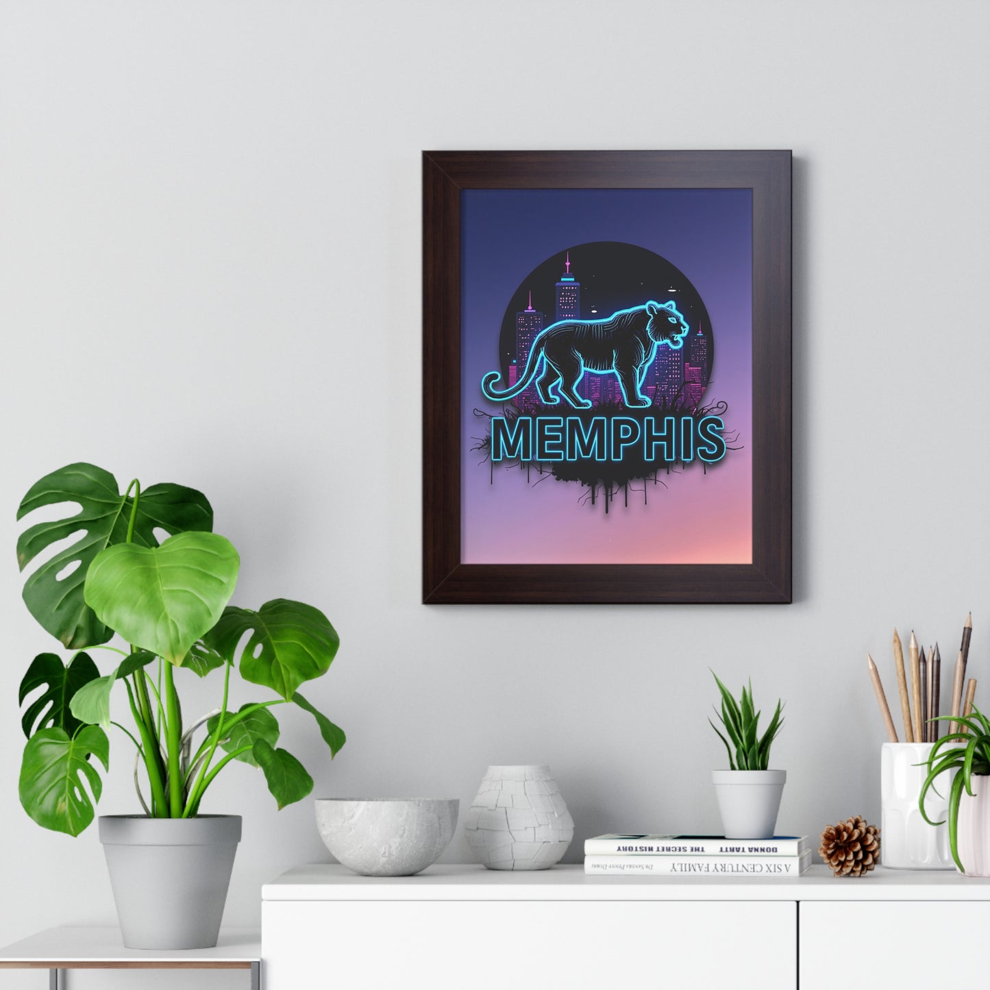 Vertical Framed Poster - Neon Tiger Memphis Sunset Gradient Wall Art Option 2