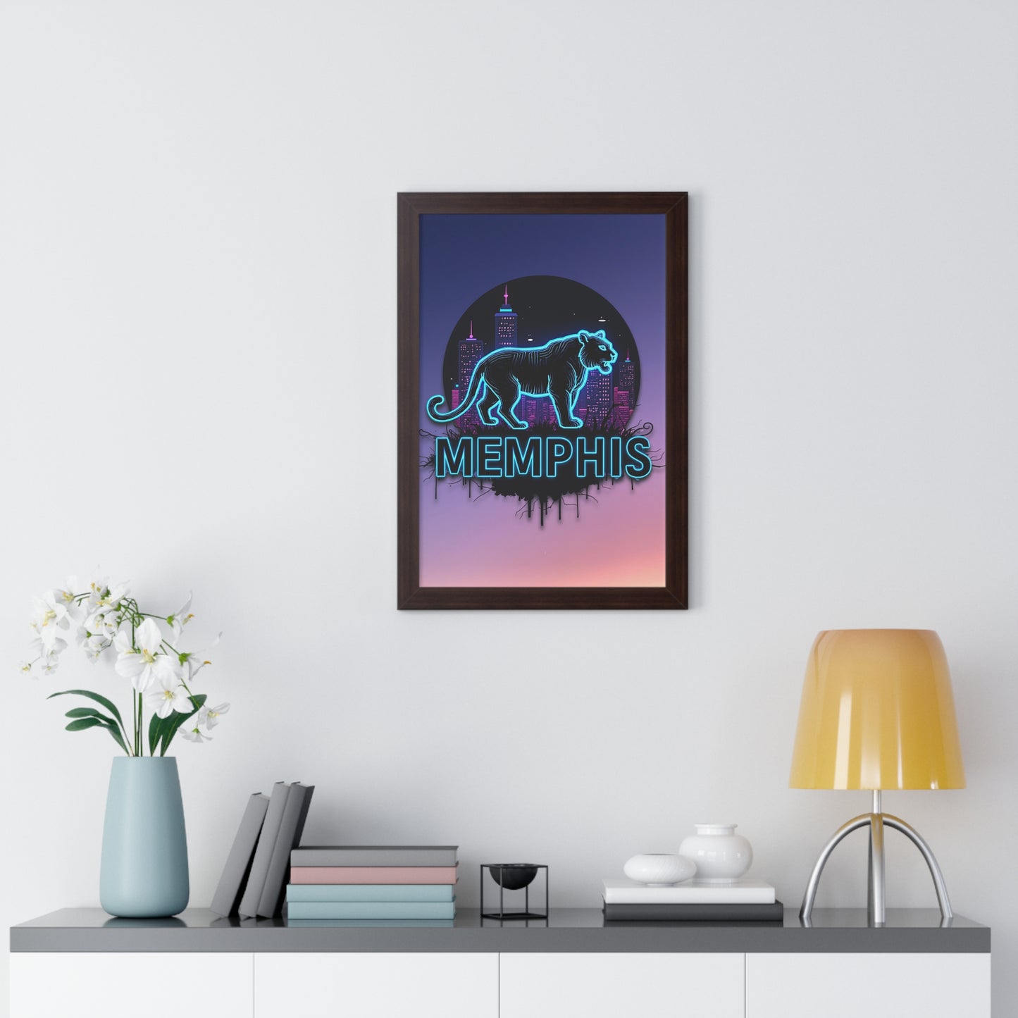 Vertical Framed Poster - Neon Tiger Memphis Sunset Gradient Wall Art Option 2