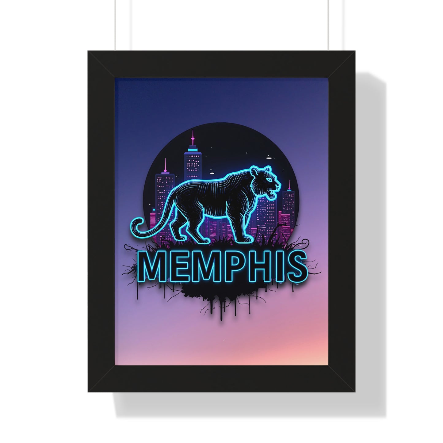 Vertical Framed Poster - Neon Tiger Memphis Sunset Gradient Wall Art Option 2