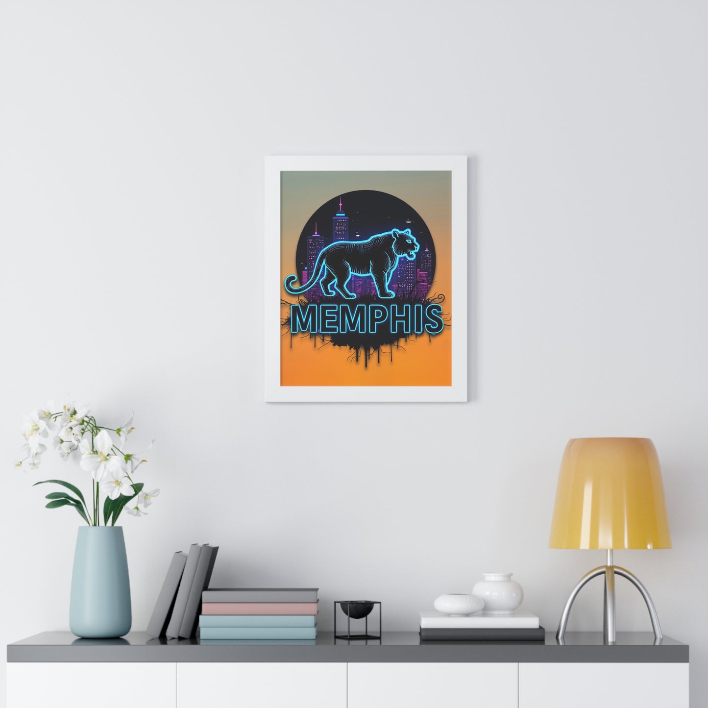 Vertical Framed Poster - Neon Tiger Memphis Sunset Gradient Wall Art