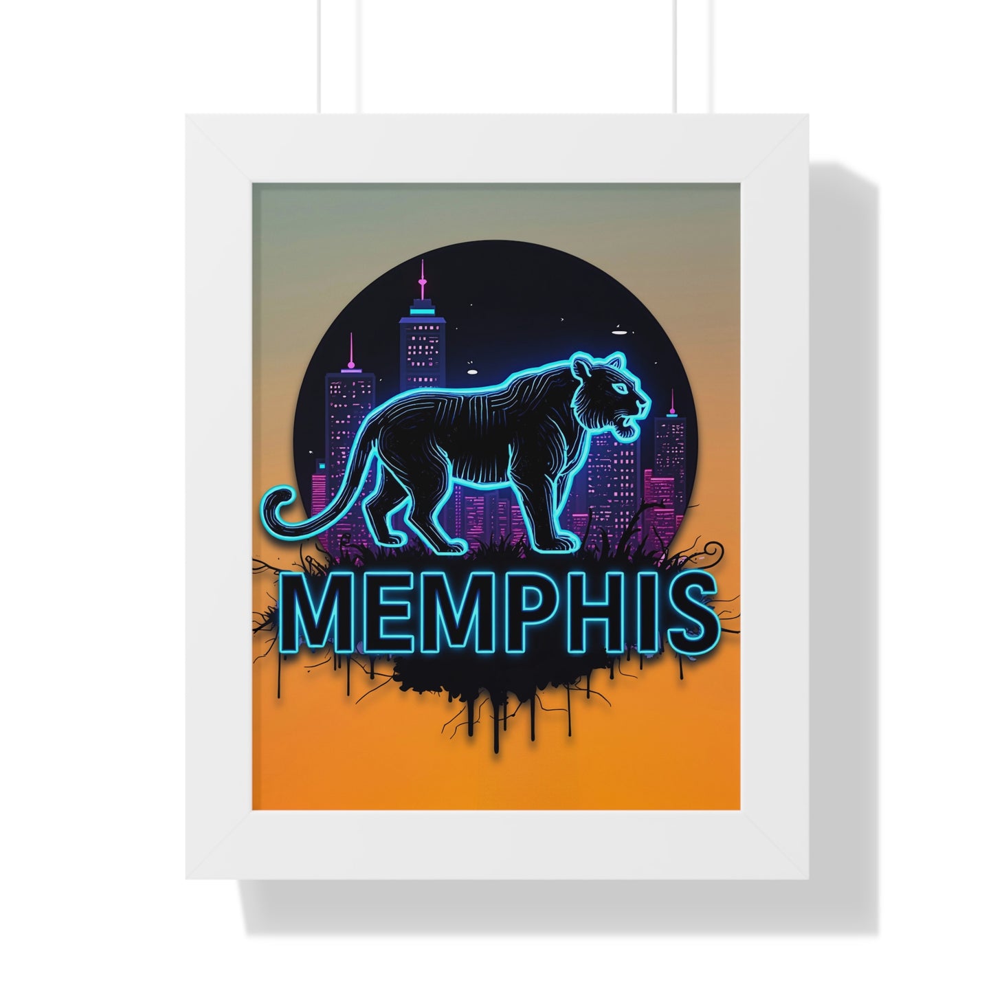 Vertical Framed Poster - Neon Tiger Memphis Sunset Gradient Wall Art