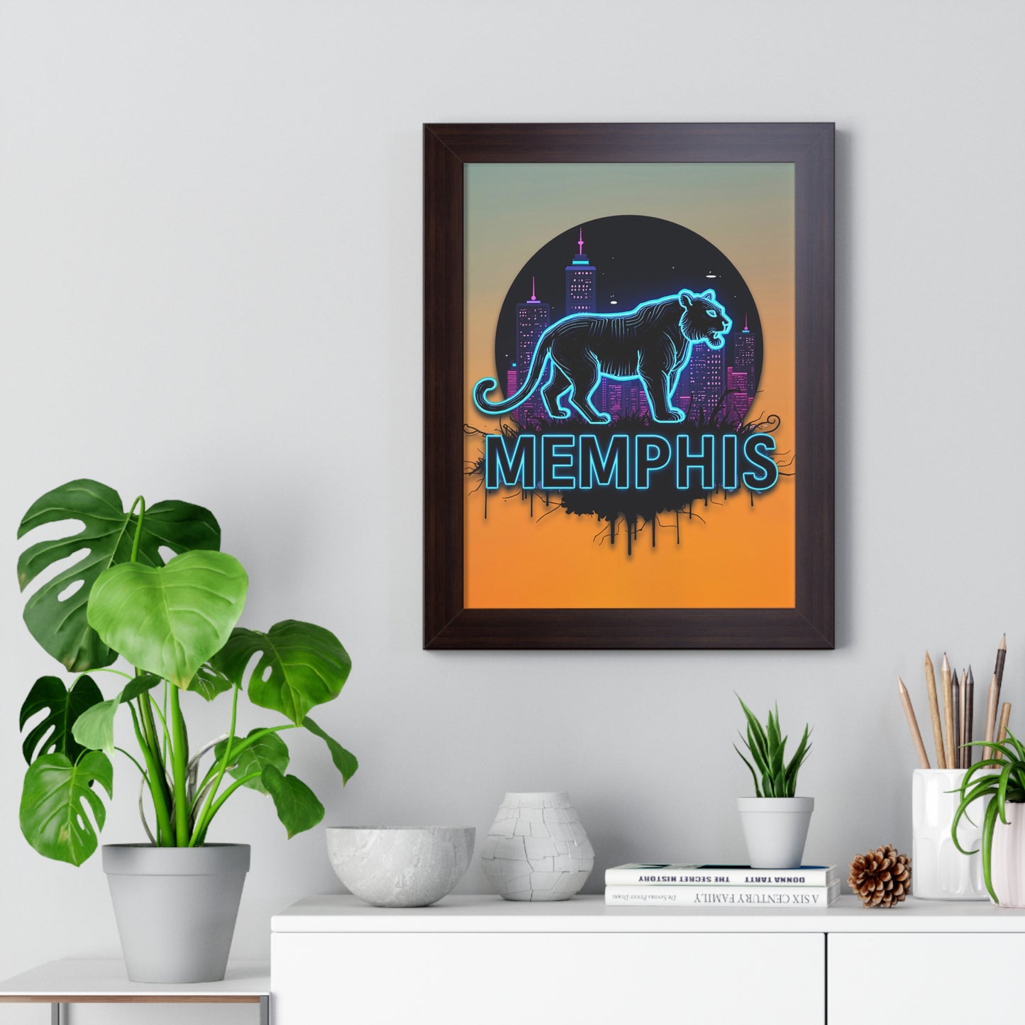 Vertical Framed Poster - Neon Tiger Memphis Sunset Gradient Wall Art