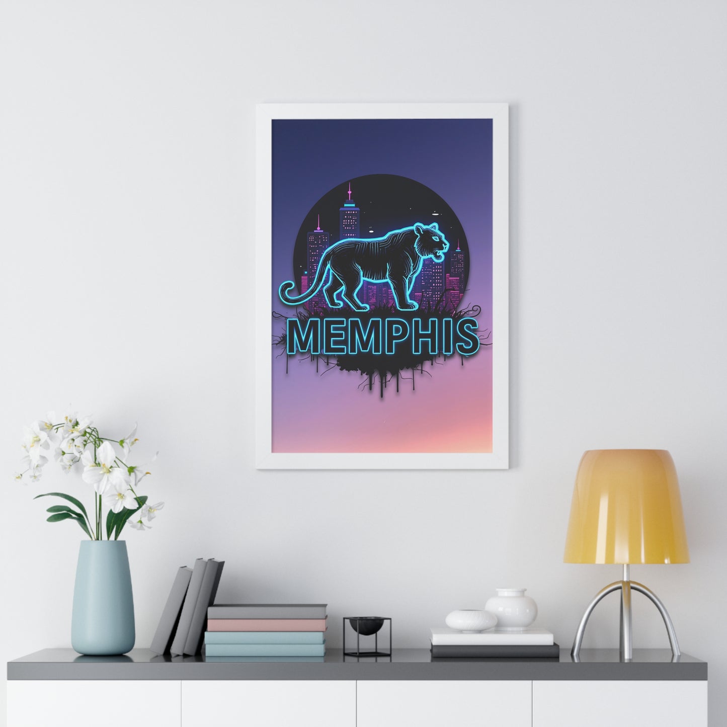 Vertical Framed Poster - Neon Tiger Memphis Sunset Gradient Wall Art Option 2