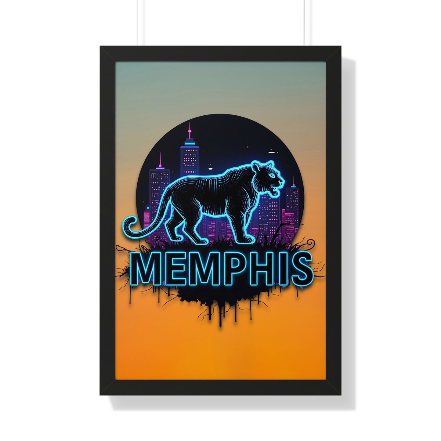 Vertical Framed Poster - Neon Tiger Memphis Sunset Gradient Wall Art