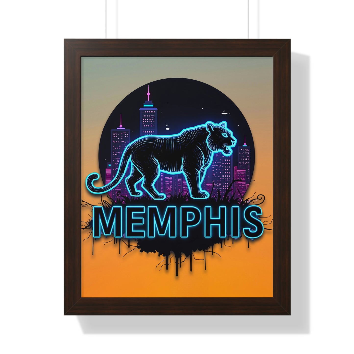 Vertical Framed Poster - Neon Tiger Memphis Sunset Gradient Wall Art