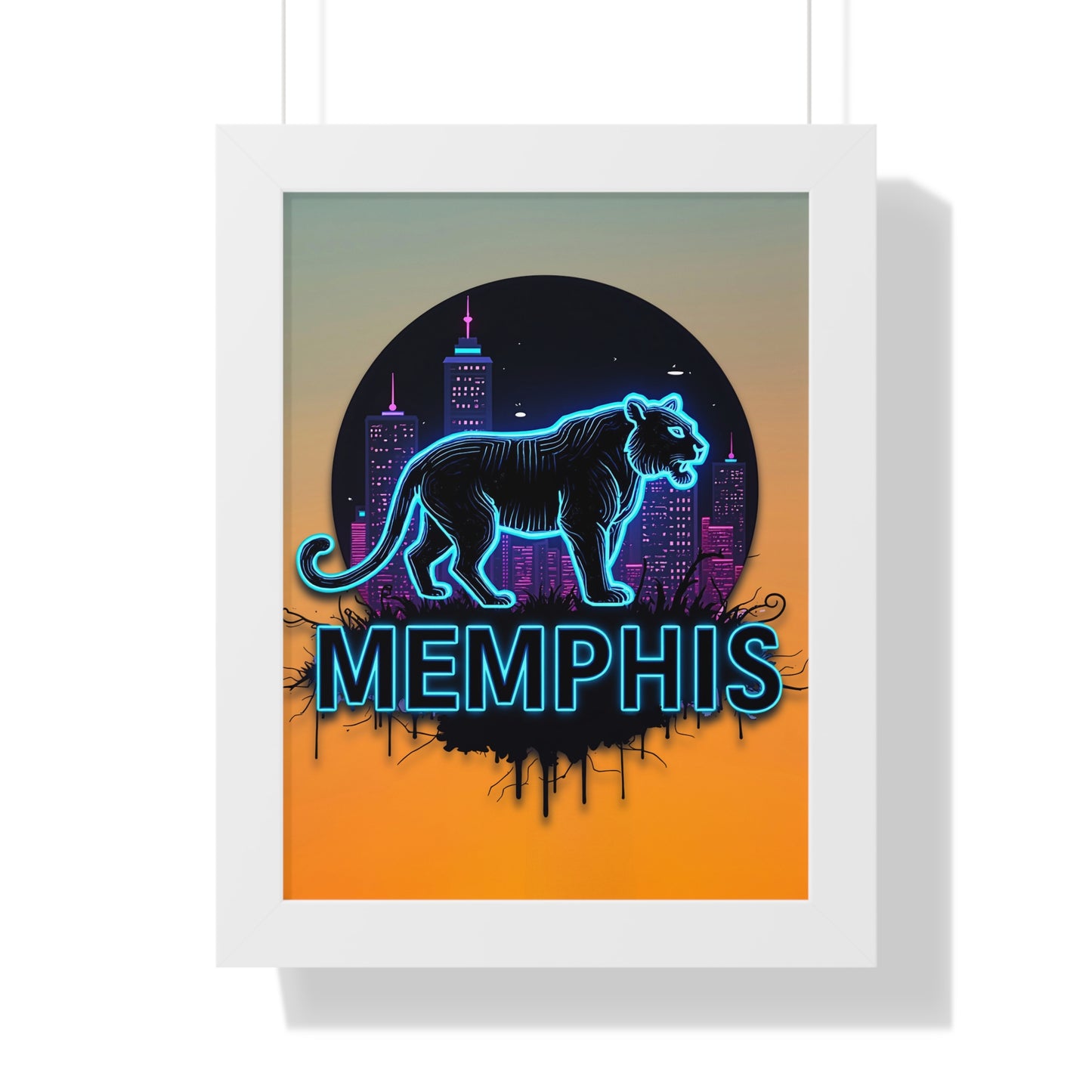 Vertical Framed Poster - Neon Tiger Memphis Sunset Gradient Wall Art