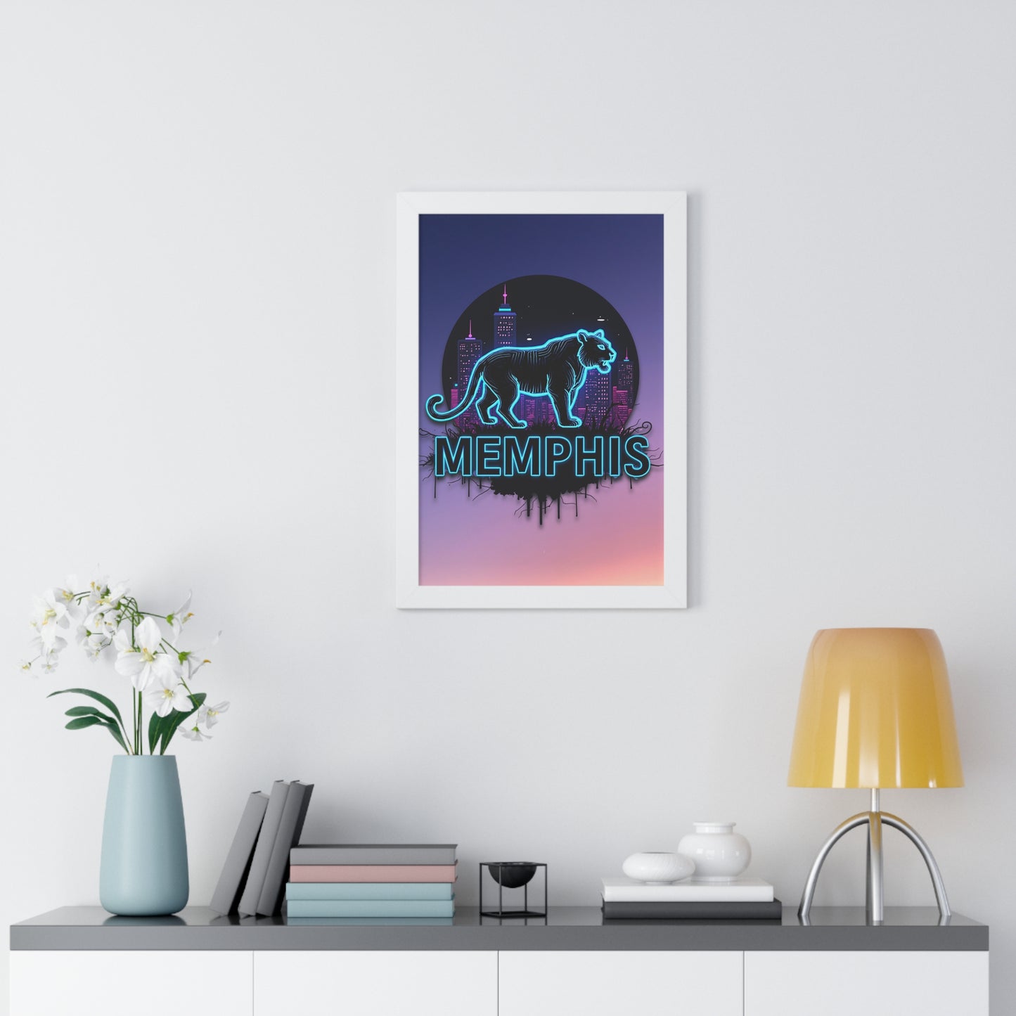 Vertical Framed Poster - Neon Tiger Memphis Sunset Gradient Wall Art Option 2