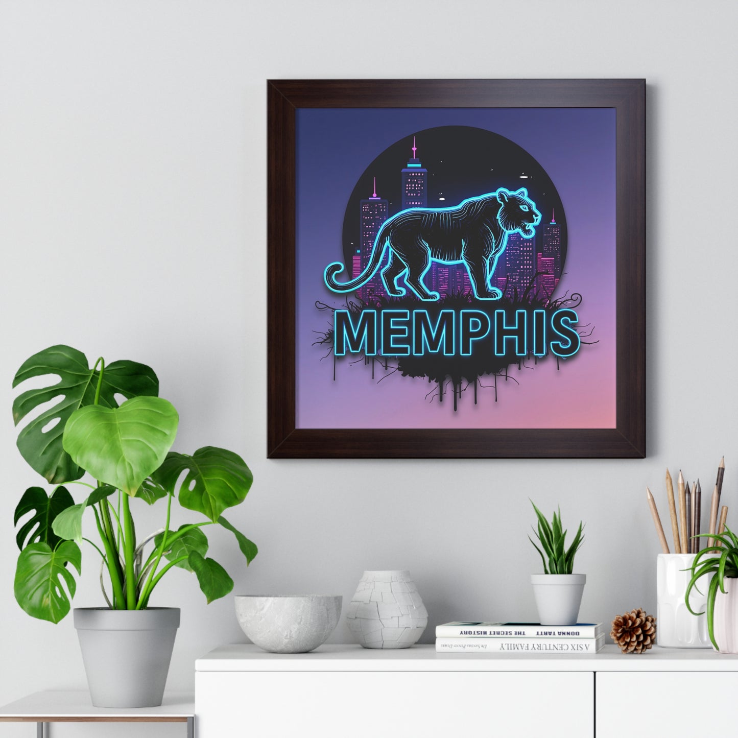 Vertical Framed Poster - Neon Tiger Memphis Sunset Gradient Wall Art Option 2