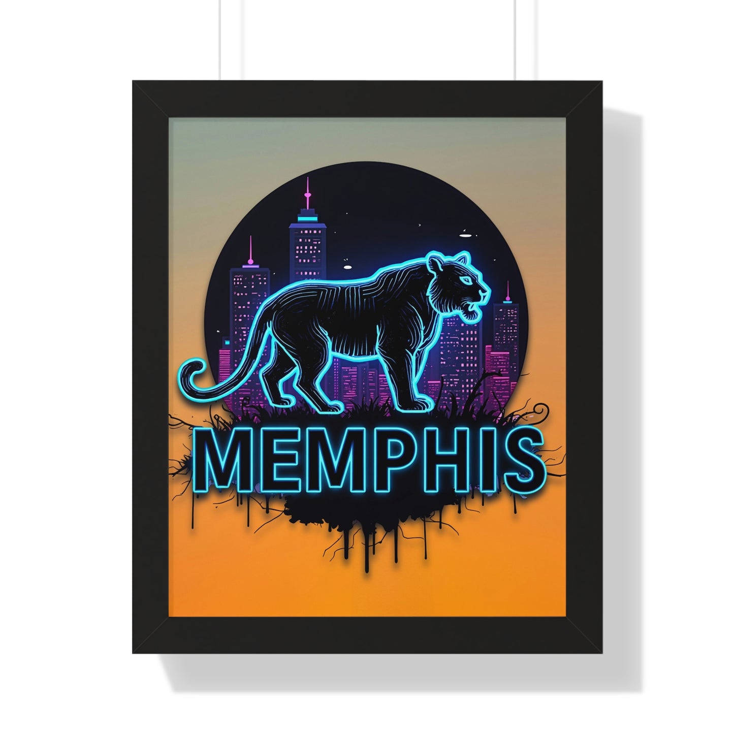 Vertical Framed Poster - Neon Tiger Memphis Sunset Gradient Wall Art