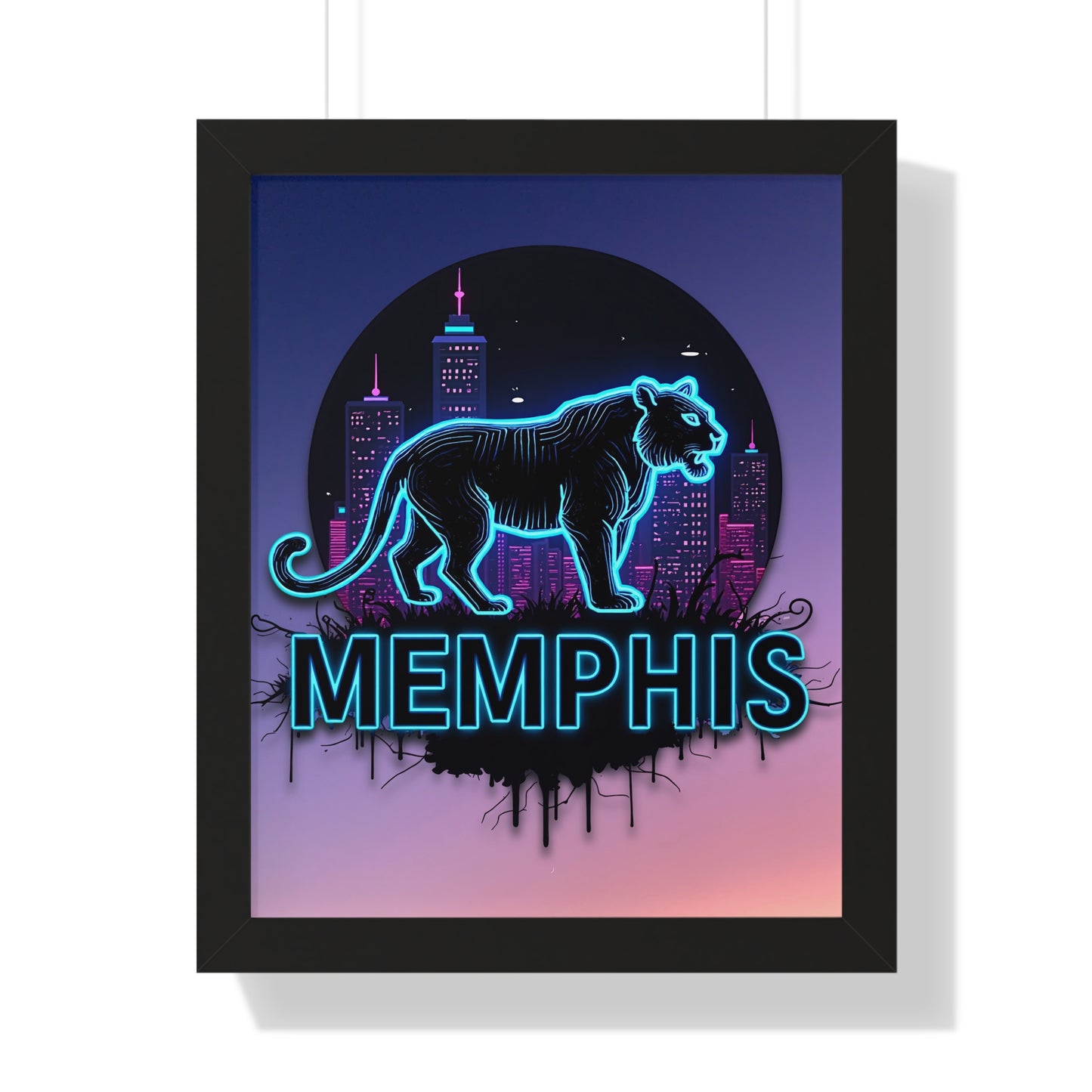 Vertical Framed Poster - Neon Tiger Memphis Sunset Gradient Wall Art Option 2