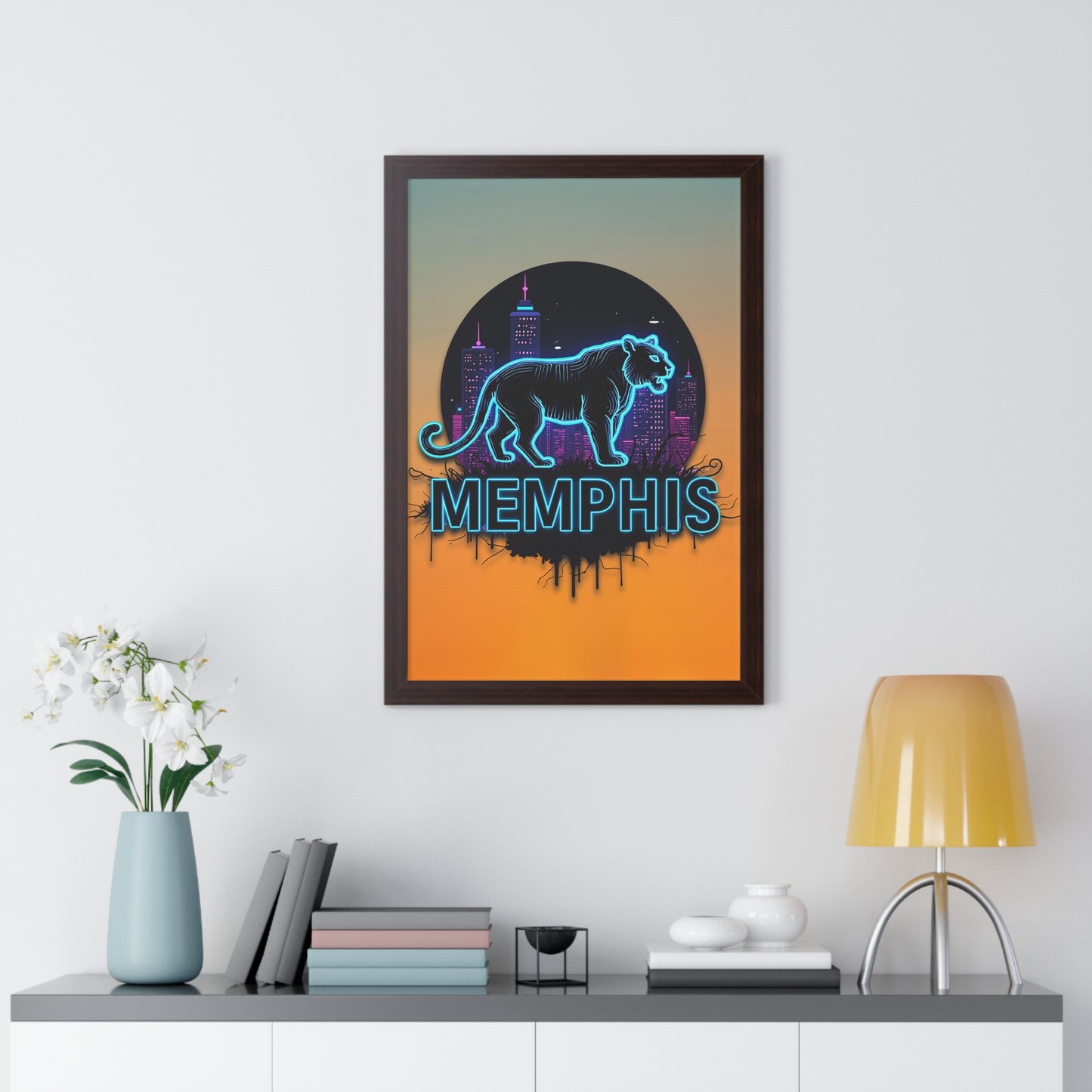 Vertical Framed Poster - Neon Tiger Memphis Sunset Gradient Wall Art