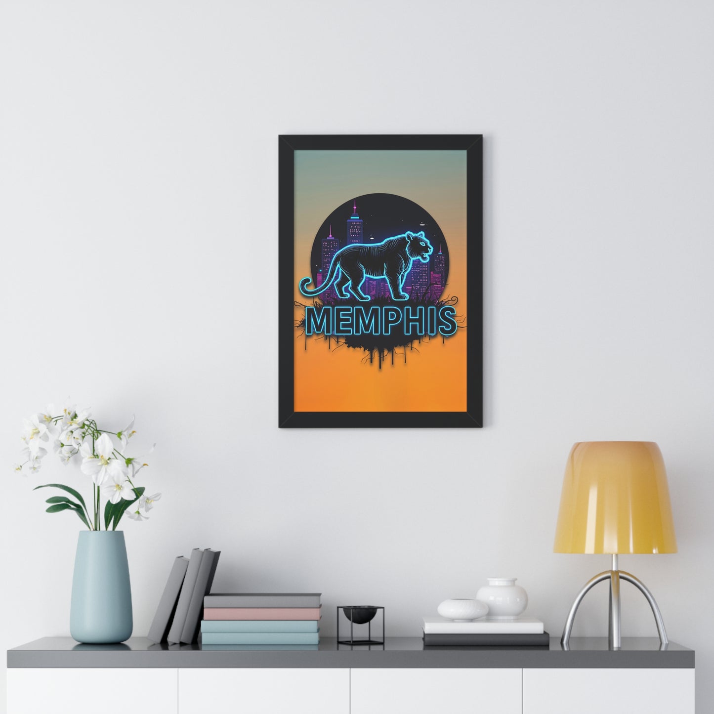 Vertical Framed Poster - Neon Tiger Memphis Sunset Gradient Wall Art