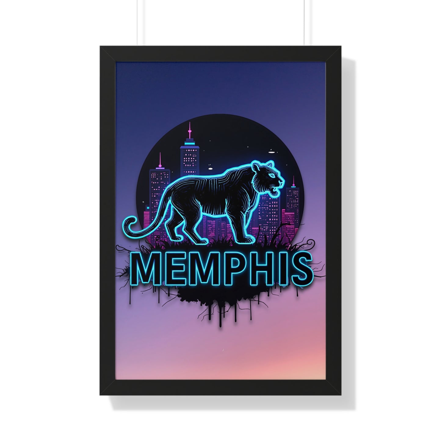 Vertical Framed Poster - Neon Tiger Memphis Sunset Gradient Wall Art Option 2