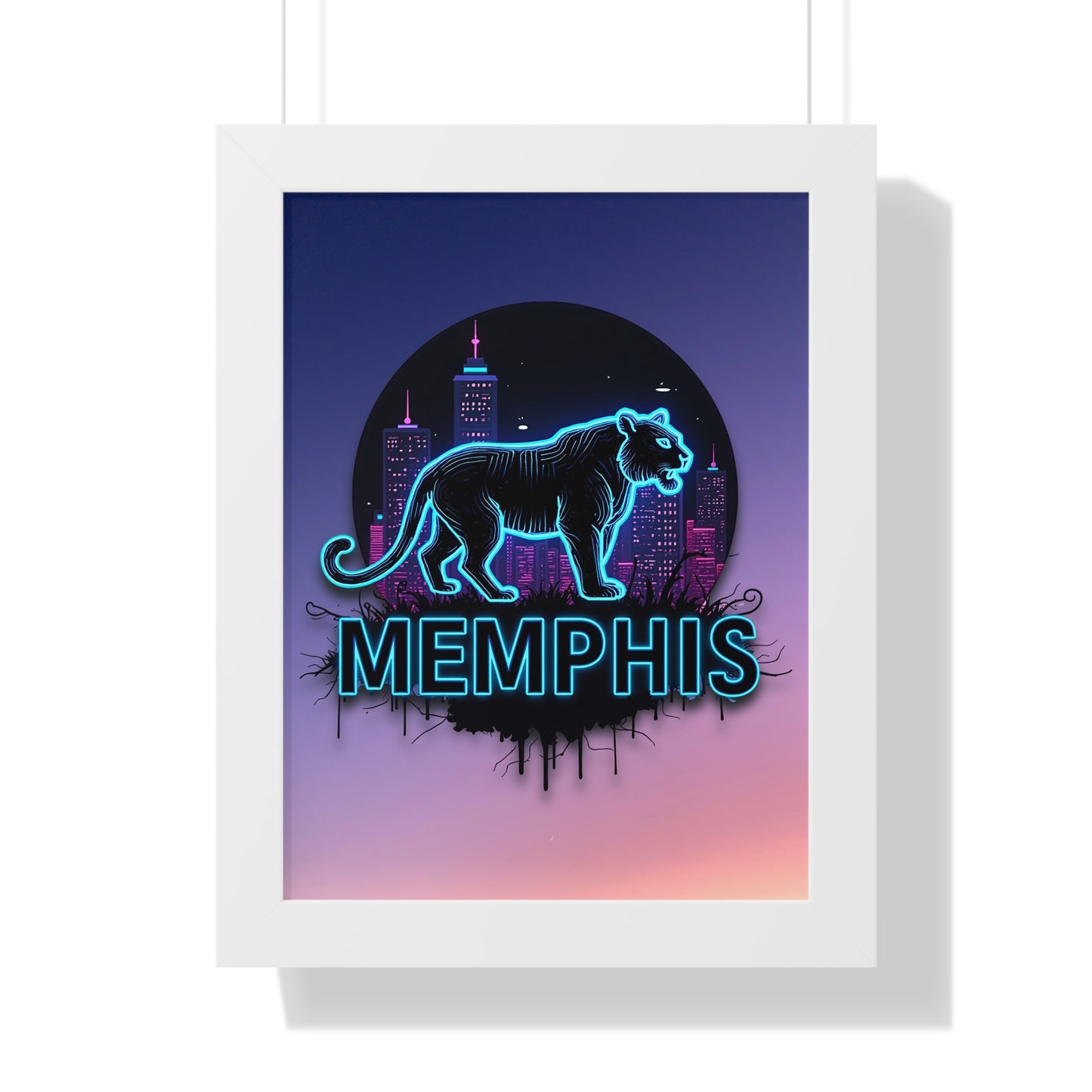 Vertical Framed Poster - Neon Tiger Memphis Sunset Gradient Wall Art Option 2