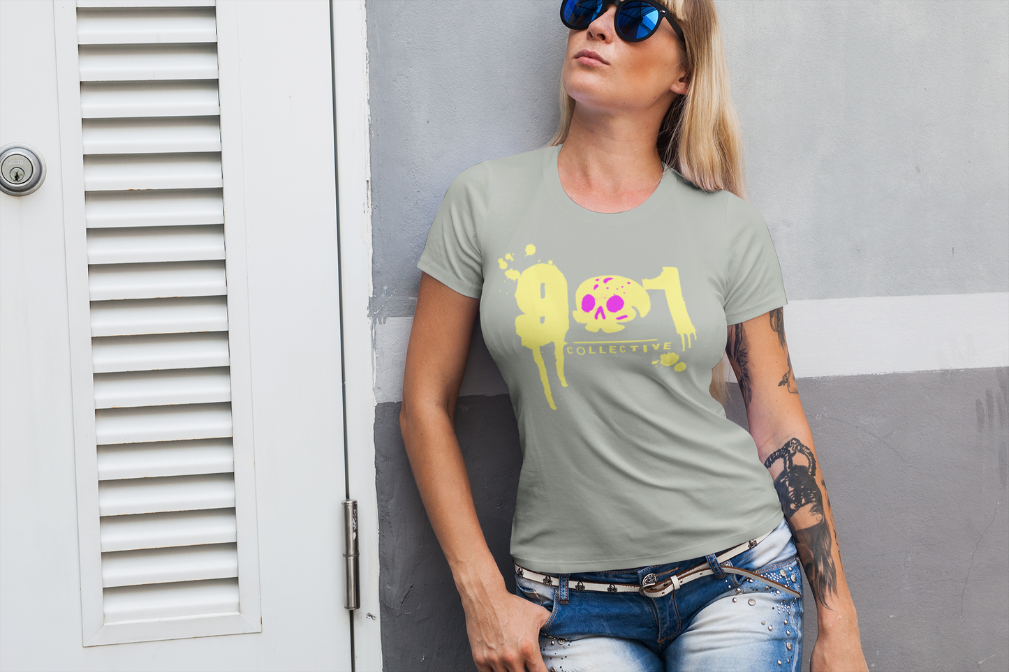 trendy urban grafitti t-shirt featuring 901 Collective name with numbers in dripping graffiti effect and a skull with pink eyes for the 0